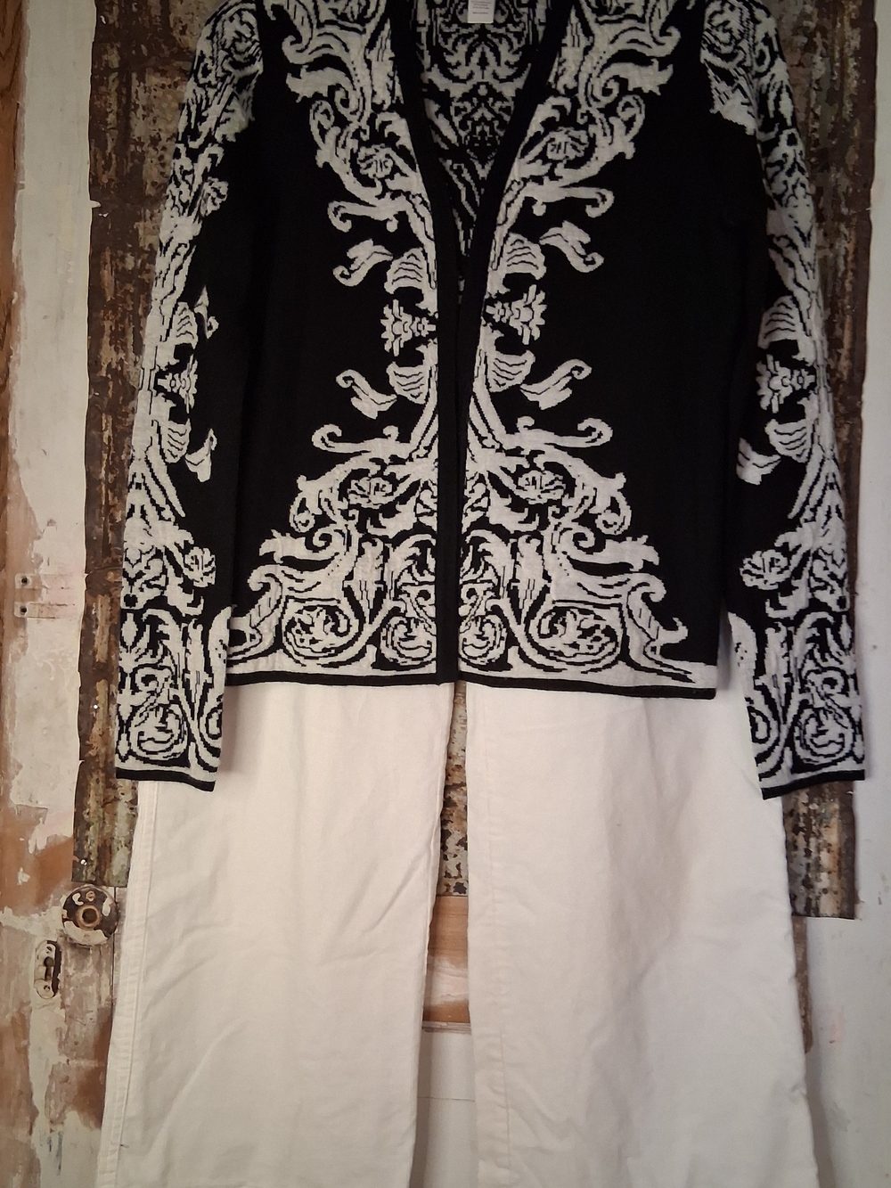 Chico's Black and White Patterned Knit Blazer